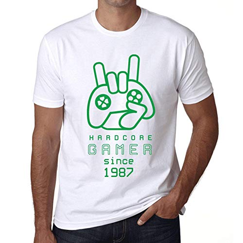 Hombre Camiseta Vintage T-Shirt Gráfico Hardcore Gamer Since 1987 Cumpleaños de 34 años Blanco
