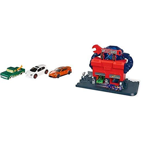 Hot Wheels Pack de 3 vehículos, Coches de Juguete + City Garaje del Gorila furioso, Pistas de Coches de Juguete