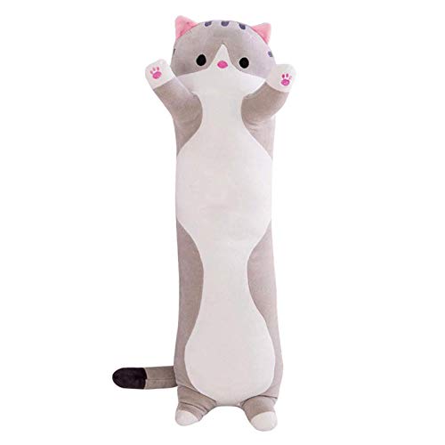 Huaxingda Peluche de gato de peluche, muñeca de gato de peluche, almohada de peluche para muñeca, cojín largo para dormir para gatos (gris 90 cm)