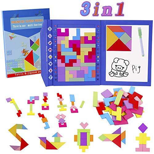 HVDHYY Tetris de Madera Magnético Tangram Puzzles 47 Piezas de Rompecabezas Viaje Jigsaw Educativos Montessori Juguetes Viene como Regalos de Cumpleaños para Niños y de Navidad 3 en 1