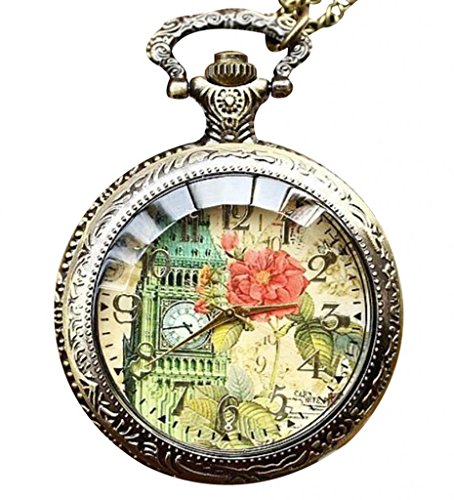 Infinite U Retro El Big Ben de Londres con Rosa Grande Reloj de Bolsillo Cuarzo Números Arábigos Bronce