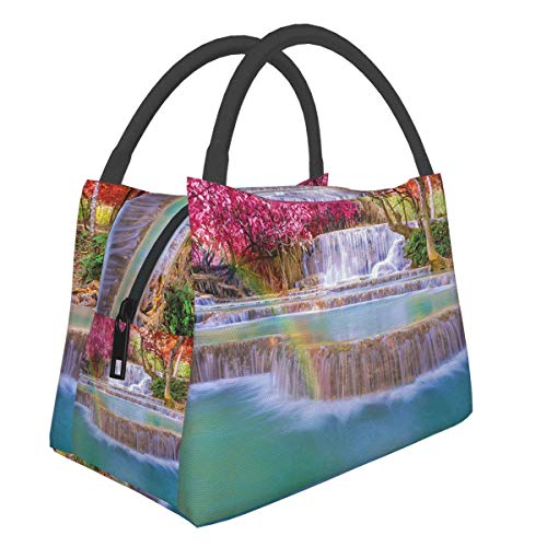 Insulated Neoprene Lunch Bag Lunch Tote For Work And School Print Waterfall Decor Rain Forest In Vietnam Laos With Asian Pink And Orange Trees Side Of River Image Pink