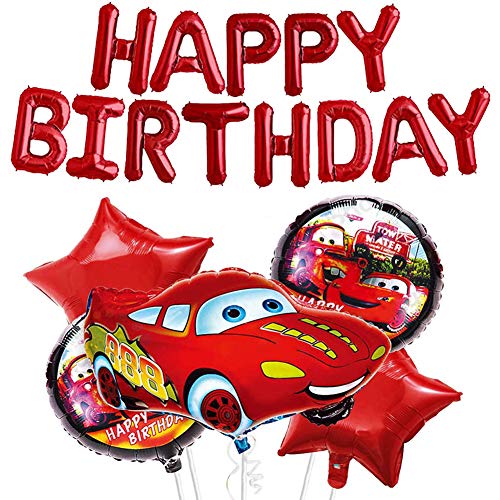 JAHEMU Fiesta de Cumpleaños para Auto Suministros para Niños con Tema de Vehículo Feliz Cumpleaños Banner Rojo Globos de Aluminio para Auto, Fiesta de Cumpleaños Decoración- 6 Piezas