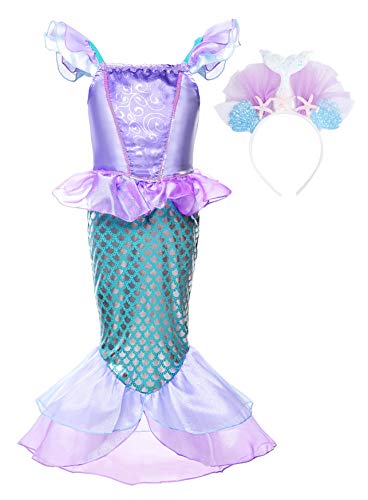 JerrisApparel Niñas Princesa Sirena Vestido Navidad Traje Fiesta Cumpleaños Disfraz (2 años, Lila con Accesorios 2)