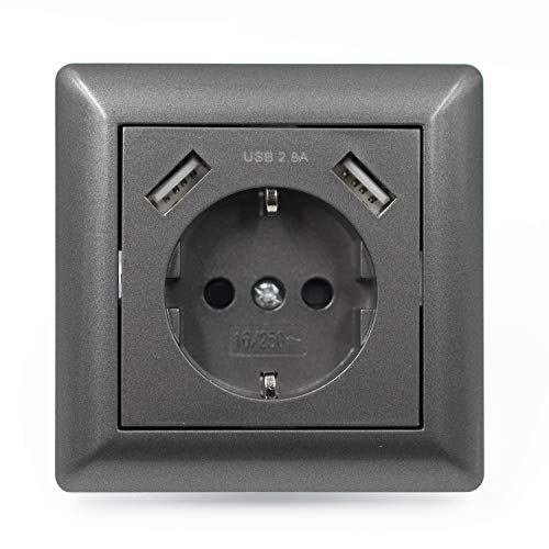 Jindia 2.4A Schuko Gris Enchufe para la pared con 2 puertos de carga USB, toma USB Sockets de pared Jindia 2.4A Schuko Gris Enchufe para la pared con 2 puertos de carga USB, toma USB Sockets de pared