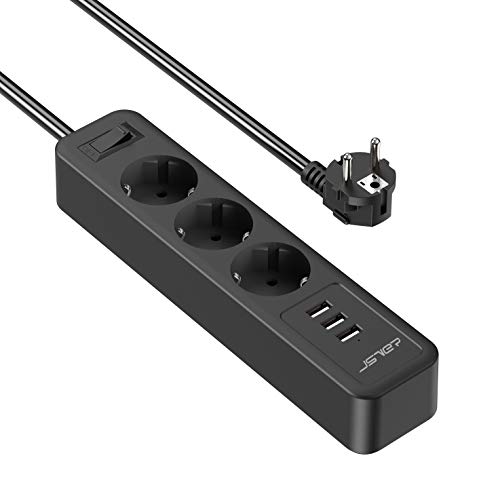 JSVER Regleta Enchufes USB, Proteccion Sobretension con 3 Toma de Corriente y 3 USB Puertos(5V3,1A/15,5W) USB Estación de Carga Inteligente USB Tomas Alargadora con Cable 2m-Negro JSVER Regleta Enchufes USB, Proteccion Sobretension con 3 Toma de Corriente y 3 USB Puertos(5V3,1A/15,5W) USB Estación de Carga Inteligente USB Tomas Alargadora con Cable 2m-Negro