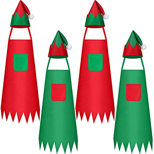 Juego de 8 Piezas Delantales y Gorros de Duende Navideño, Incluye 4 Delantales de Tela de Duende Navideño y 4 Sombreros de Elfo, Delantal de Papá Noel Gorro de Navidad Santa para Navidad