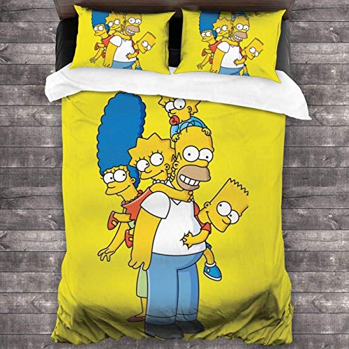 Juego de cama de 3 piezas de 218 x 177 cm, juego completo de sábanas Sim-Ps-Ons de tamaño king con 2 fundas de almohada cuadradas con impresión 3D para habitación de huéspedes de adolescentes