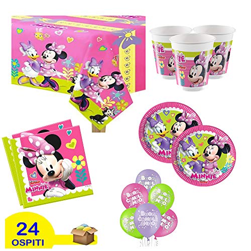Juego de decoración para fiestas de cumpleaños con diseño de Minnie Mouse, color rosa, para 24 personas (24 platos, 24 vasos, 40 servilletas, 1 mantel y 20 globos de regalo).