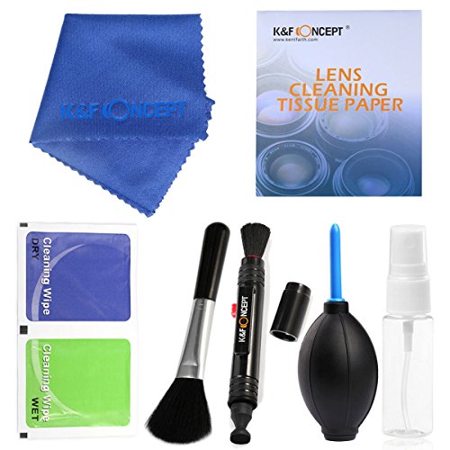 K&F Concept Pack de Limpieza para Lentes Cámara Réflex Pantalla Portátil Móvil Incluye Cepillo, Paño de Microfibra, Botella de Spray, Pluma de Limpieza, Soplador de Aire y Papel de Limpieza.