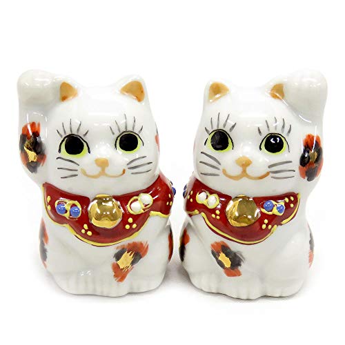 Kutani - Par de gatos japoneses Maneki Neko Lucky Gold Calico de cerámica