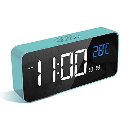 LATEC Reloj Despertador Digital, LED Pantalla Reloj Alarma Inteligente con Temperatura, Puerto de Carga USB, 12/24 Horas, 4 Brillo Ajustable, Función Snooze y Alarma de Espejo Portátil (Azul)