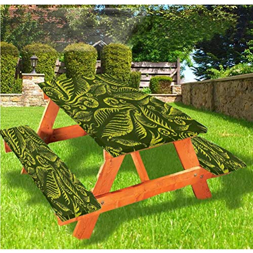 LEWIS FRANKLIN Cortina de ducha Hunter Green Picnic mesa y banco de mantel ajustado, diseño de hojas de follaje, mantel ajustable, 70 x 72 pulgadas, juego de 3 piezas para mesa plegable