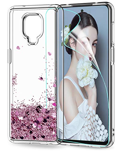 LeYi Funda Xiaomi Redmi Note 9S / Note 9 Pro Silicona Purpurina Carcasa con HD Protector de Pantalla, Transparente Cristal Bumper Telefono TPU Case Cover para Movil Note 9S Oro Rosa