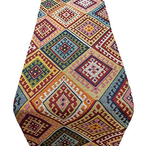 Linen Loft Camino de mesa turco Kilim. Tapiz geométrico abstracto, estilo étnico, decoración de mesa de cocina, disponible en 2 tamaños (30 x 180 cm)