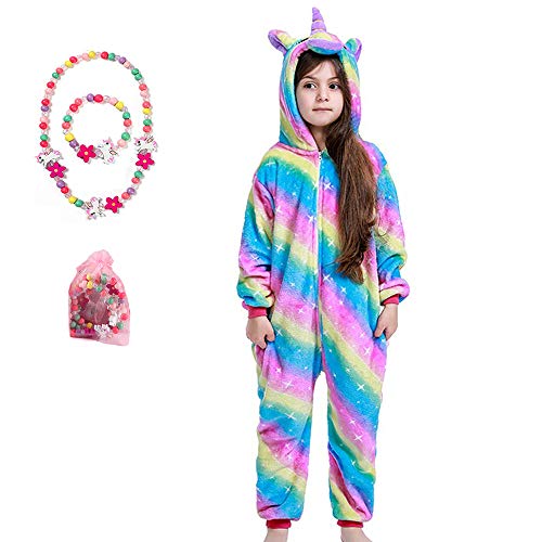 LINKE - Pijama de unicornio de felpa suave de alta calidad para niñas, regalo cómodo con pulsera y collar de colores