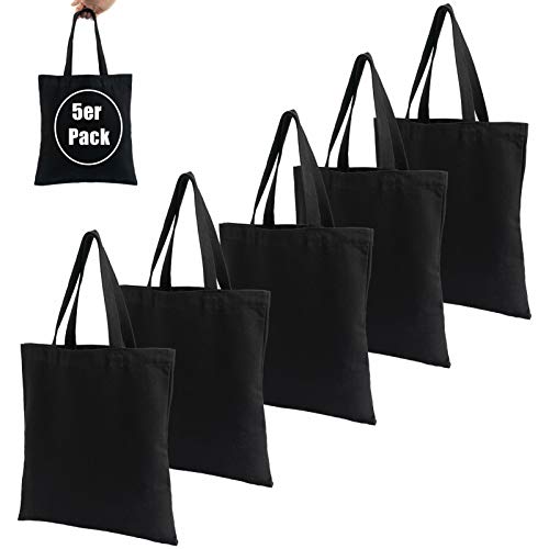 LONGBLE Pack de 5 bolsas de la compra de yute, grandes bolsas de algodón con asas, de tela vaquera de 340 g/m², bolsa de regalo de lona sin estampar para pintar, 37 x 34 cm, color negro