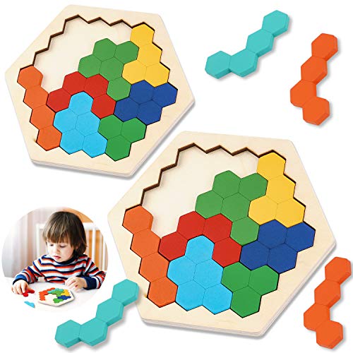 LOVEXIU Tangram Puzzle(2pcs),Juguetes de geometría, Bloque de Forma Hexagonal, Rompecabezas Hexagonal de Madera, Rompecabezas para niños, Juguete Tangram Brain Teaser, Regalo Educativo para niños