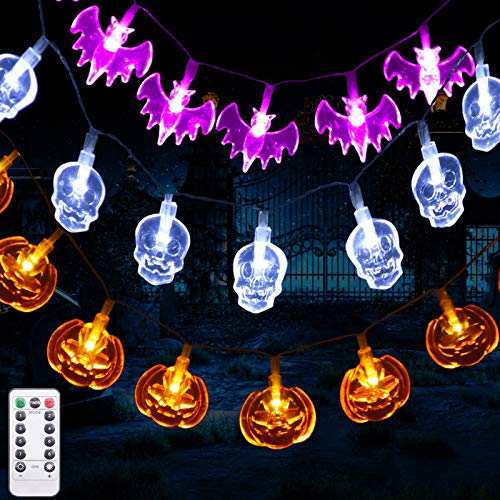 Luces de Cadena de Decoración de Halloween, 3.5M 30 LEDS 8 Modos Calabazas Naranjas, Murciélagos Púrpuras, Calaveras Blancas, Halloween de Decoracion Interior y Exterior para Vacaciones, Fiesta
