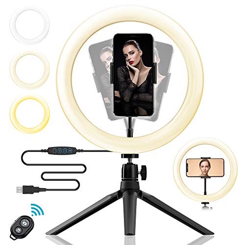 Luz de Anillo LED 10" fotográfica de Escritorio,Anillo de Luz LED 10” con Trípode,3 Colores y 10 Brillos Regulables,360 Rotar para Vlogging TIK Tok Youtube Video Shooting Maquillaje Selfie