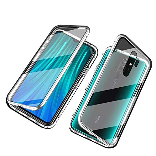 Magnética Funda para Xiaomi Redmi Note 8 Pro, Adsorción Magnética Cubierta Vidrio Templado Frontal y Posterior Flip Case Marco Metal Bumper Funda Anti Choque Protección 360 Grados Carcasa, Plata