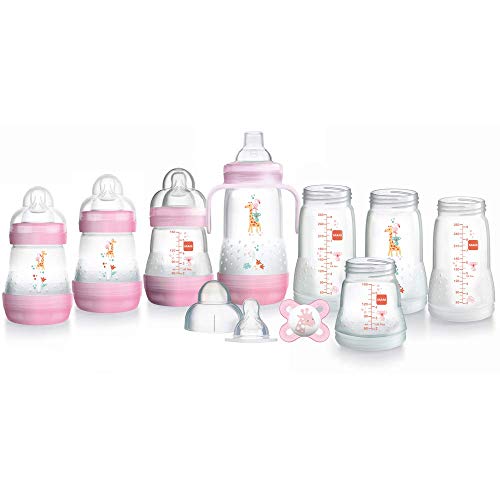 MAM Easy Start Auto esterilizante Anti-cólico Starter Set, biberón y chupete, artículos esenciales para recién nacidos, rosa (los diseños pueden variar)