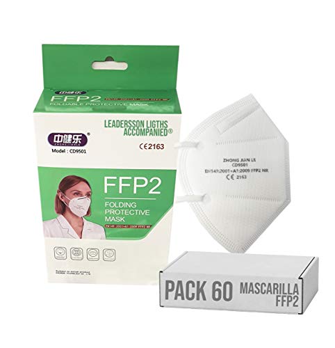 Mascarilla FFP2 CE 2163, Mascarilla de Protección Personal homologada. 5 capas. Alta Eficiencia Filtración BFE de 95%, blanco 60 piezas