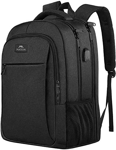 MATEIN Mochila Hombre 17.3 Pulgadas Antirrobo Mochila Portatil Trabajo Gran Capacidad Mochila para Portatil con Puerto de Carga USB Impermeable Mochila Ordenador para Viaje Diario Escolar - Negro