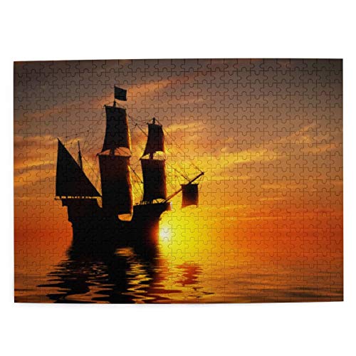 MAYUES Rompecabezas Puzzle 500 Piezas Antiguo Barco Pirata en el océano pacífico al Atardecer Inteligencia Jigsaw Puzzles para Adultos Niños Juegos