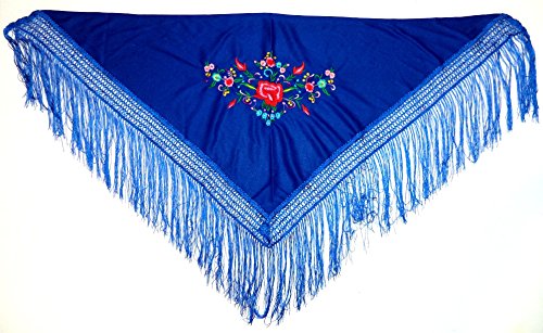 Medio Mantón de Manila (Pico). Color Azulón. Medidas: 110x50 cms. (flecos de 17 cms. no incluídos en las medidas). El bordado ocupa 27x16 cms. Medio Mantón de Manila (Pico). Color Azulón. Medidas: 110x50 cms. (flecos de 17 cms. no incluídos en las medidas). El bordado ocupa 27x16 cms.