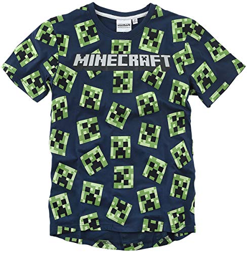 Minecraft Global Brands Group Camiseta T-Shirt Azul BLU Navy 100 Caras Creeper Cactus del Videojuego Original Oficial (10 Años)