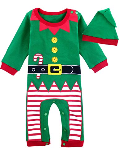 MOMBEBE COSLAND Mono Bebé Niño Manga Larga Disfraz Elfo de Navidad Gorro (Duende de Navidad, 9-12 Meses)
