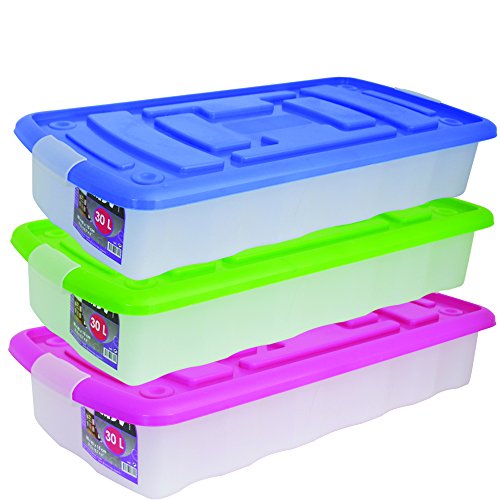 MSV 344 - Caja de almacenaje con ruedas (plástico, 30 L), transparente,disponibile en 3 colores: verde, azul y rosa, 1 sola caja se entrega; Color aleatorio
