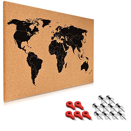 Navaris tablero de notas de corcho - tablero mapa del mundo 60x40 cm - en diseño de mapamundi - con set de montaje y 15 chinchetas