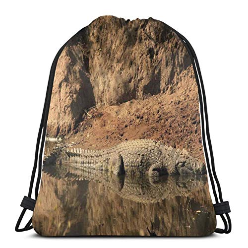 Nile Crocodile Swimming In The River Rock Cliffs Tanzania Hunter Geography,Gym Drawstring Bags Backpack String Bag Sport Sackpack Gifts For Men & Women