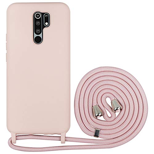 Nupcknn Funda Silicona con Cuerda para Xiaomi Redmi 9, Carcasa Suave Silicona Case con Correa Colgante Ajustable Collar Correa de Cuello Cadena Cordón(Oro Rosa)