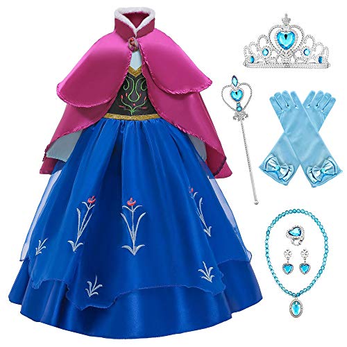 O.AMBW Anna Frozen Vestido de Princesa con Capa para Niñas Disfraces y Accesorios Cosplay Princesa Disfraz de Fiesta Halloween Carnaval Regalo Cumpleaños Navidad