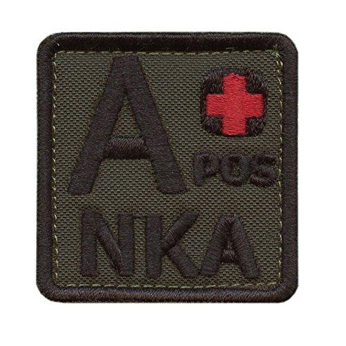 Olive Drab A POS A+ NKA Blood Type OD Green Embroidered Fastener Patch