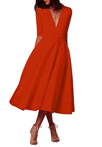 OMZIN - Vestido de cóctel para mujer, elegante, vintage, cuello en V, estilo años 50 naranja M-36/38/40