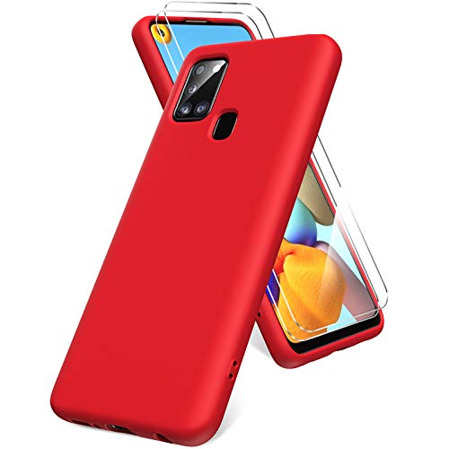 Oududianzi Funda para Samsung Galaxy A21s, Protector Pantalla Cristal Templado, Carcasa de Silicona Líquida Gel Ultra Suave Funda con tapete de Microfibra Anti-Rasguño - Rojo