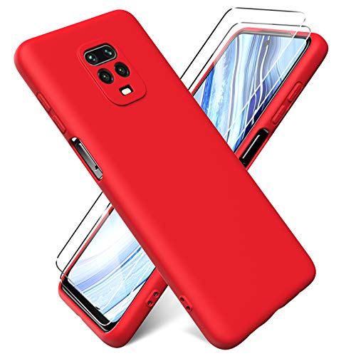 Oududianzi - Funda para Xiaomi Redmi Note 9S / Note 9 Pro + [2 Pack] Protector Pantalla, Carcasa de Silicona Líquida Gel Ultra Suave Funda con tapete de Microfibra Anti-Rasguño - Rojo