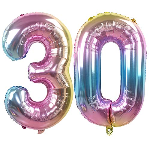 Ouinne Globo 30 Años, 32 Pulgadas Globo del Cumpleaños Número 30 Helio Globos para La Decoración Boda Aniversario (Rainbow)