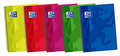 Oxford 400044180 Classic - Pack de 5 cuadernos espiral A5 con tapa de plástico, 4º (Formato Cuarto), Colores Surtidos Oxford 400044180 Classic - Pack de 5 cuadernos espiral A5 con tapa de plástico, 4º (Formato Cuarto), Colores Surtidos