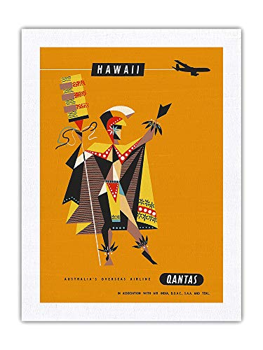 Pacifica Island Art Hawaii – Qantas Airways – Royal Hawaiian Ali'i – Póster de viaje vintage hawaiano de Harry Rogers c.1960-100% seda pura Dupioni tela impresión 60 x 81 cm