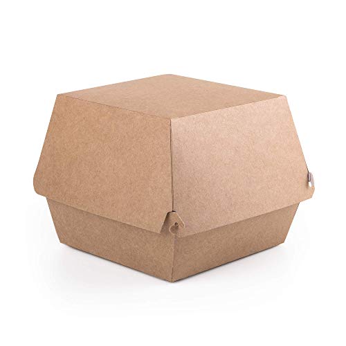 Paquete de 50 cajas para hamburguesas de papel kraft tamaño XL, contenedor de comida rápida para llevar, caja desechable para hamburguesas a prueba de fugas, ecológicas y reciclables (50, XL)