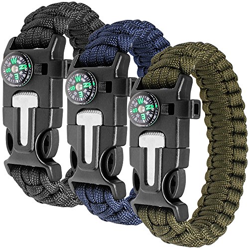 Paracord brazalete Kit juego de 3 para la supervivencia al aire libre, maxin 9 pulgadas Kit de engranaje de supervivencia con brújula integrados, iniciador de fuego, emergencia cuchillo y silbato.