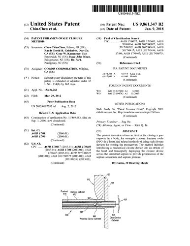 Patent foramen ovale closure method: United States Patent 9861347 (English Edition)