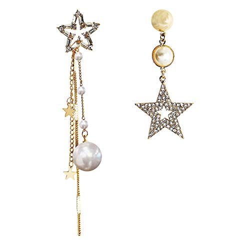 Pendientes de aguja de plata 925, pendientes de perlas asimétricas de cinco puntas con estrella de sección larga para damas 6.5cm * 3cm 11.4cm * 2cm