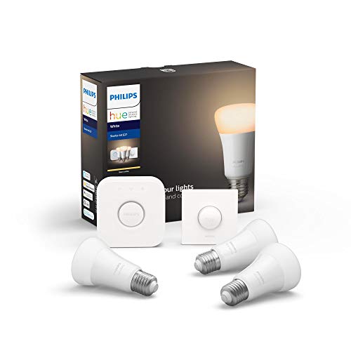 Philips Hue Pack de 3 Bombillas Inteligentes LED E27, con Bluetooth, Puente e Interruptor, Luz Blanca Cálida, Compatible con Alexa y Google Home