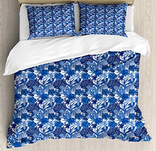 Philodendron Super King Bedding Duvet Cover 3 Piece, Pattern with Tropical Leaves, Soft Bedding Protects Comforter with 1 Comforter Cover 2 Pillow Case, Azure Blue Violet Blue Night Blue and Ceil Blue